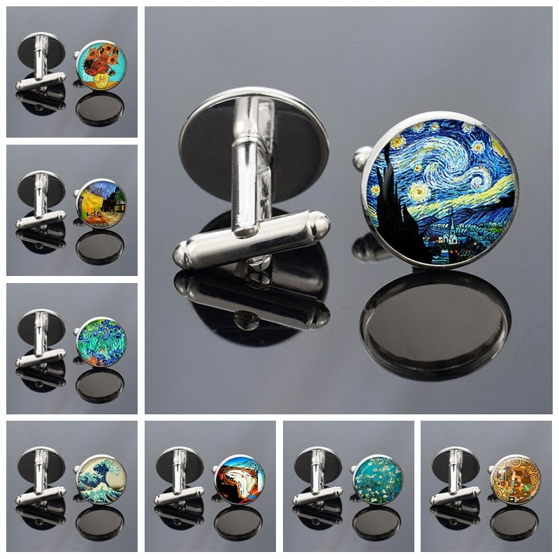 cufflink星夜金属袖扣银 梵高艺术向日葵法式衬衫饰品 wish速卖