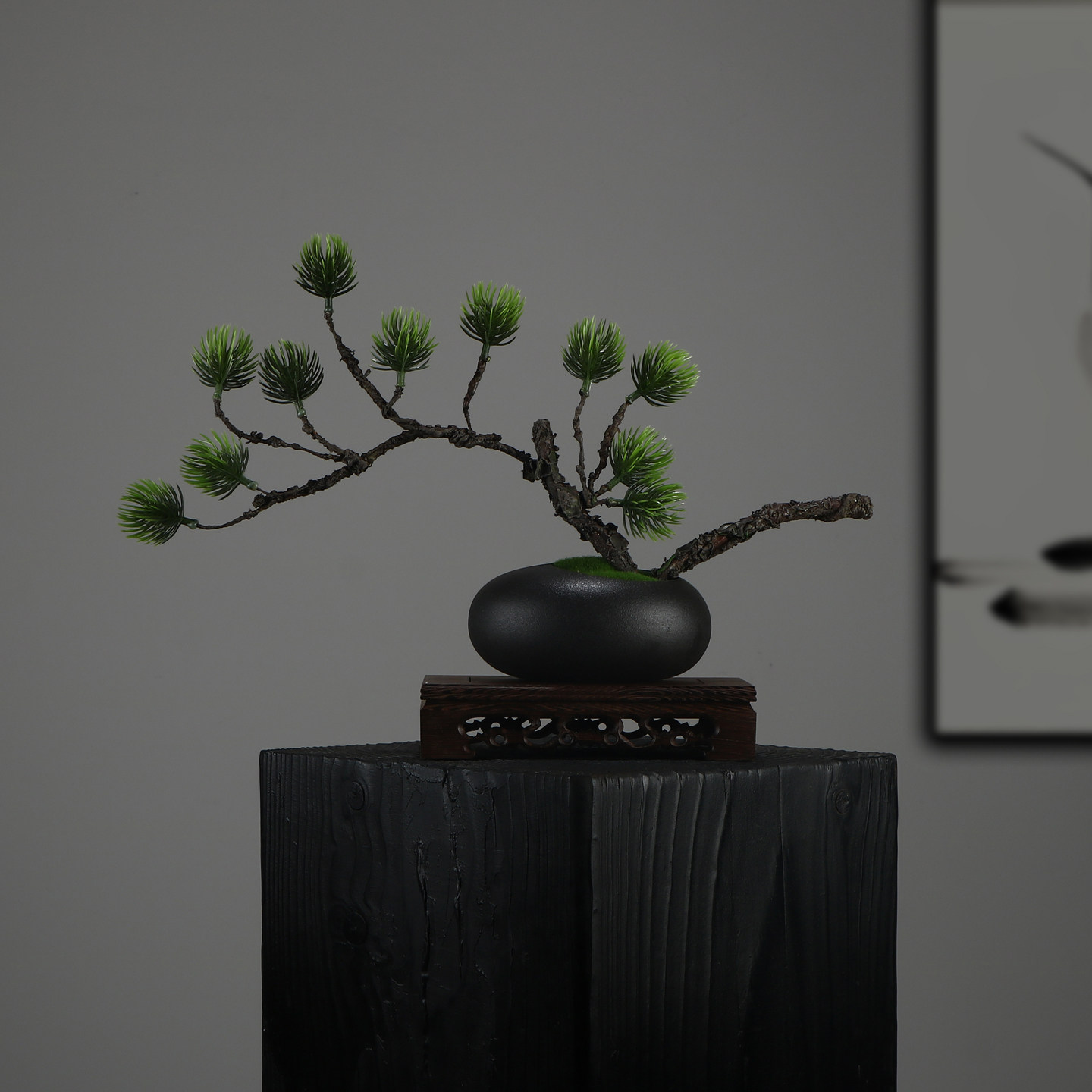 中式仿真迎客松盆景禅意装饰花陶瓷花瓶摆件茶室桌面假花松树枯枝