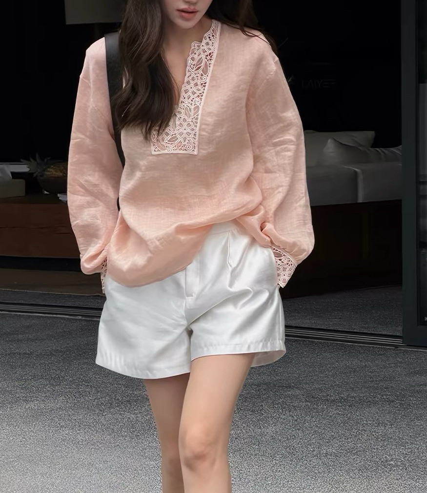 LiHuiEr李慧儿 折光 苎麻南法蕾丝浅粉色V领衬衫休闲上衣女夏