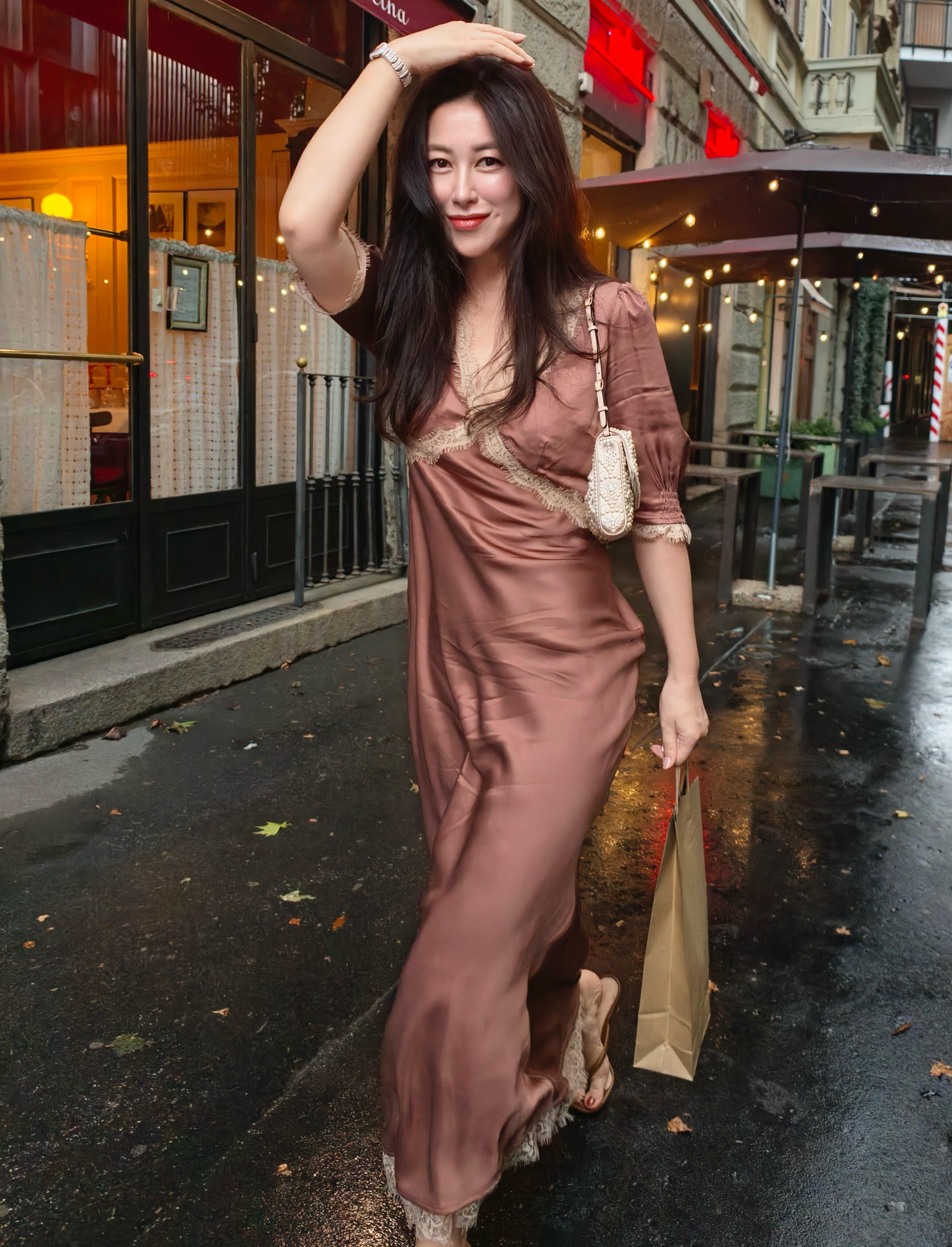 朱珠明星同款RIXO 女士中长连衣裙Annina蕾丝边缎面拼接礼服长裙
