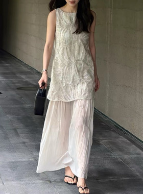 LiHuiEr李慧儿南法花园夏季燕麦重工刺绣连衣裙圆领宽松背心裙女