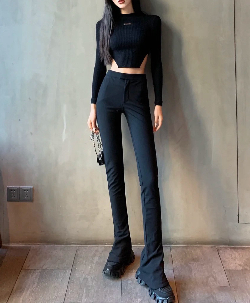 Bella~Th*r正确版高腰修身显瘦包臀黑色加长马蹄裤女长裤加绒裤子