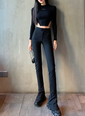 Bella~Th*r正确版高腰修身显瘦包臀黑色加长马蹄裤女长裤加绒裤子