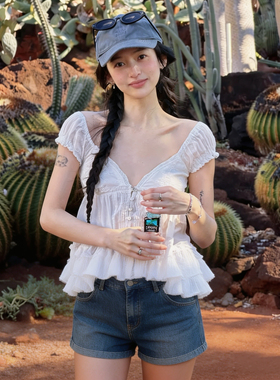 博主JUJU同款 法式蕾丝多工艺v领露背清透荷叶边小衫纯棉短袖衬衫