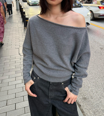 RA everyday 轻松斜肩纯羊毛针织衫 黑色/灰色