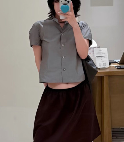 jaja假日光泽复古微修身古巴领气球袖衬衫