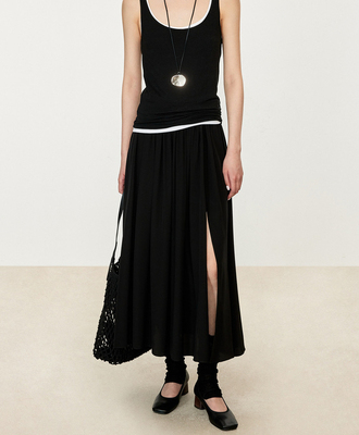 CHIC 重磅双绉+液氨亚麻/弹力真丝 艺术感重工褶裥拼接开叉半裙