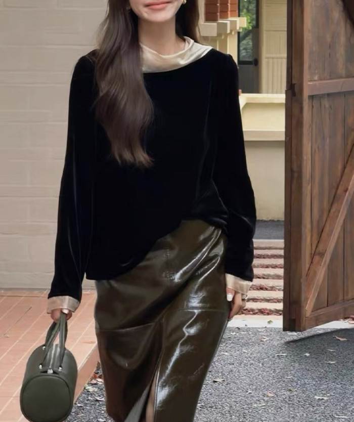 LiHuiEr李慧儿 天鹅湖之夜 高级100%桑蚕丝圆领系带真丝丝绒上衣