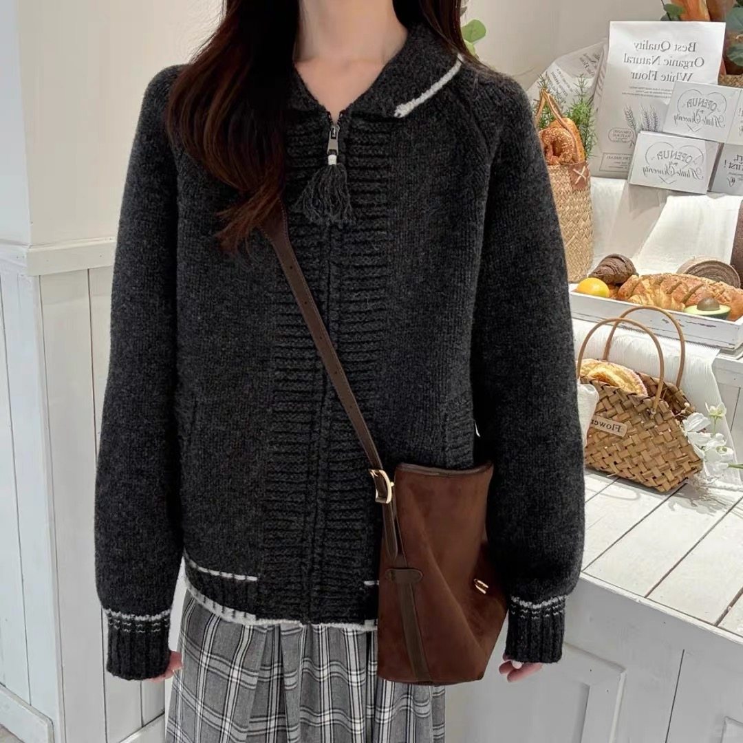 REWEAR/澳大利亚进口荃羊毛重磅翻立领流苏拉链撞色针织开衫16164