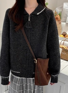 REWEAR/澳大利亚进口荃羊毛重磅翻立领流苏拉链撞色针织开衫16164