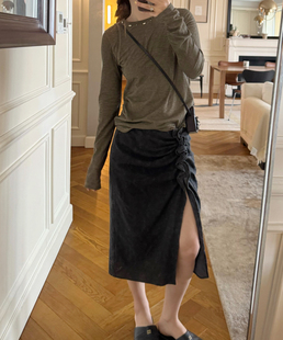 sage 脏染腰果花镂空刺绣缩褶不对称半身裙