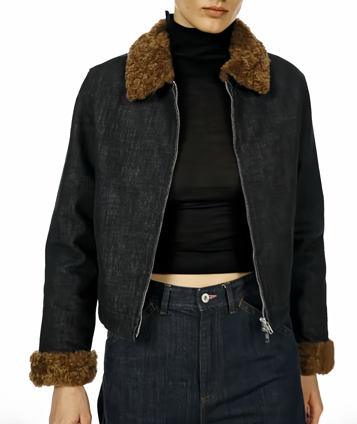 alright  丹宁拼接棉混纺黄色格纹短款H版型牛仔拼毛翻领外套