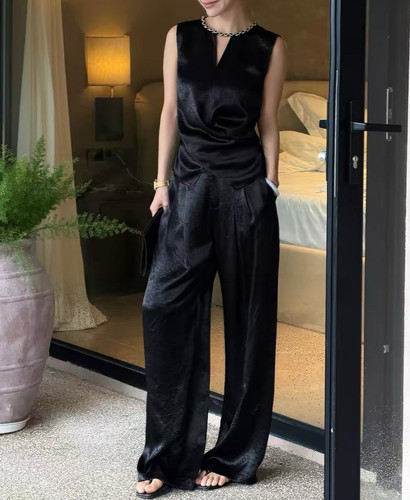 LiHuiEr李慧儿 月色西沉 夏款100醋酸黑色缎面不规则背心裤子套装