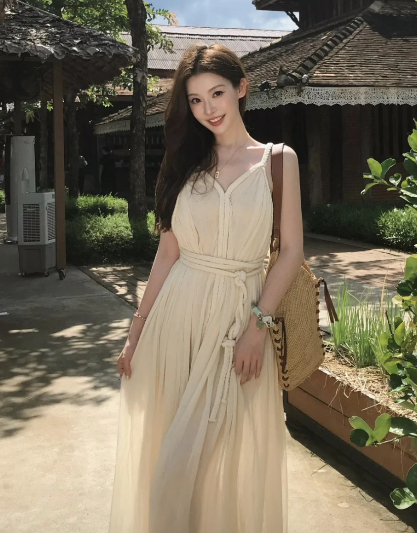 一枝南南同款法式抽绳v领无袖吊带连衣裙女2026夏季优雅垂感裙子