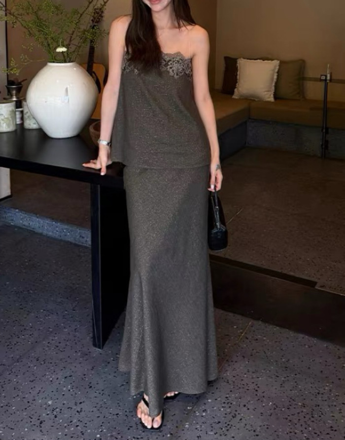 LiHuiEr李慧儿 爱尔兰夏日 夏天抹胸蕾丝背心鱼尾半裙套装
