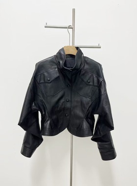 RARELY  弯刀袖收腰立领环保皮夹克 黑色