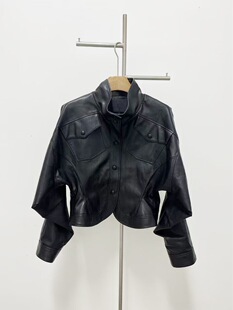 RARELY 弯刀袖收腰立领环保皮夹克 黑色