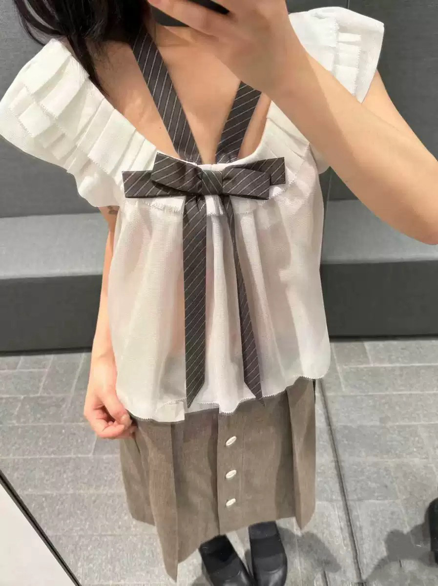 MAR 风车上衣女26SS夏季新款纯色蝴蝶绑带无袖设计感衬衫