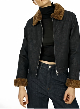 alright  丹宁拼接棉混纺黄色格纹短款H版型牛仔拼毛翻领外套