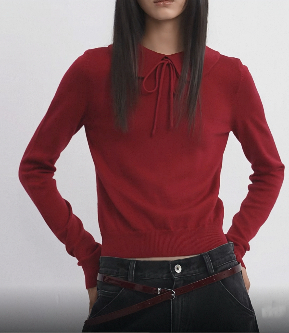 RARELY 高品质布料还原 娃娃领系带羊毛针织上衣 红色/黑色/灰色