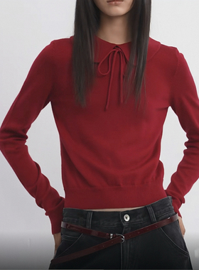 RARELY 高品质布料还原 娃娃领系带羊毛针织上衣 红色/黑色/灰色