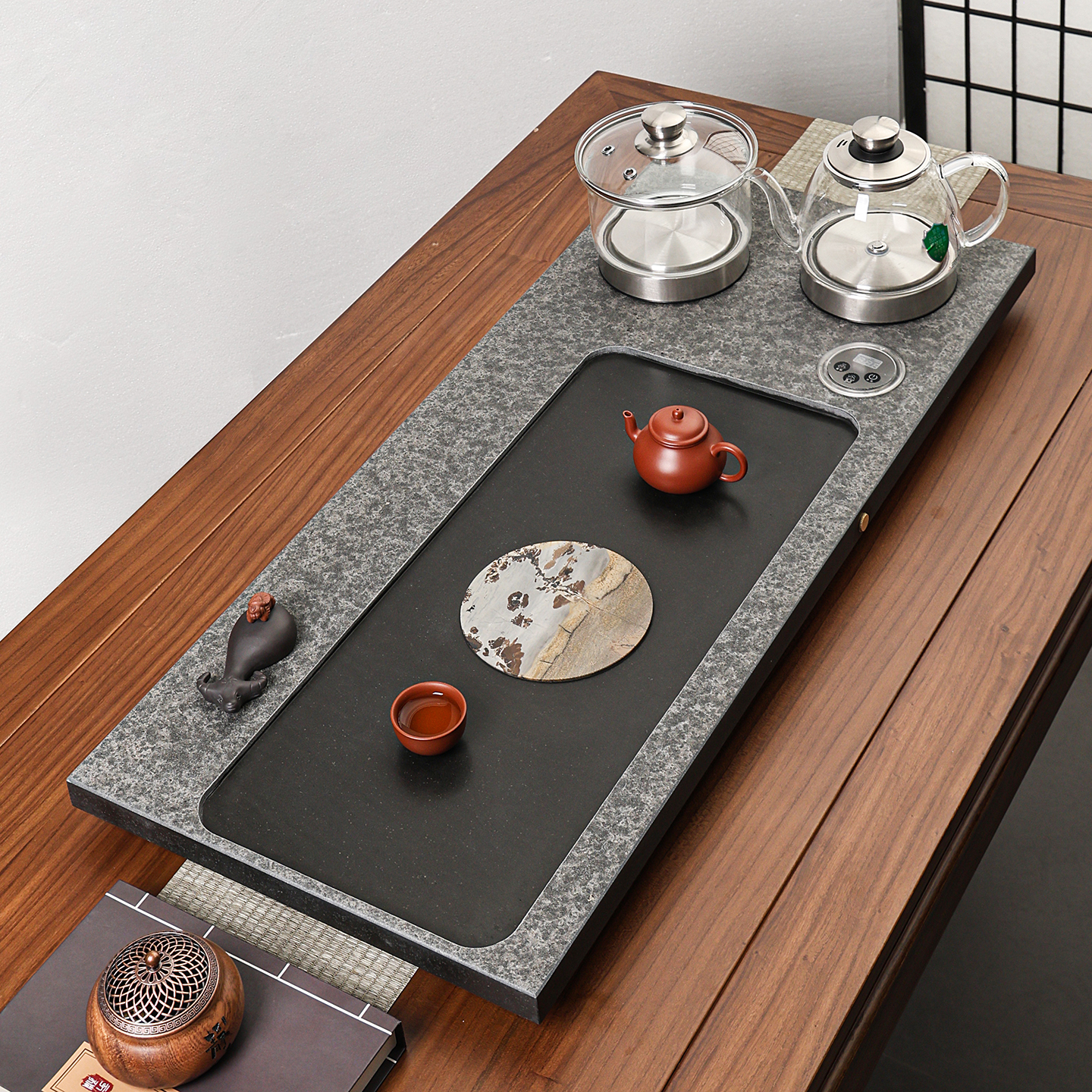 天然国画石乌金石茶盘整块家用现代简约石头茶台石材茶海茶具套装