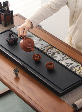 天然国画石乌金石茶盘整块家用现代简约石头茶台石材茶海茶具套装