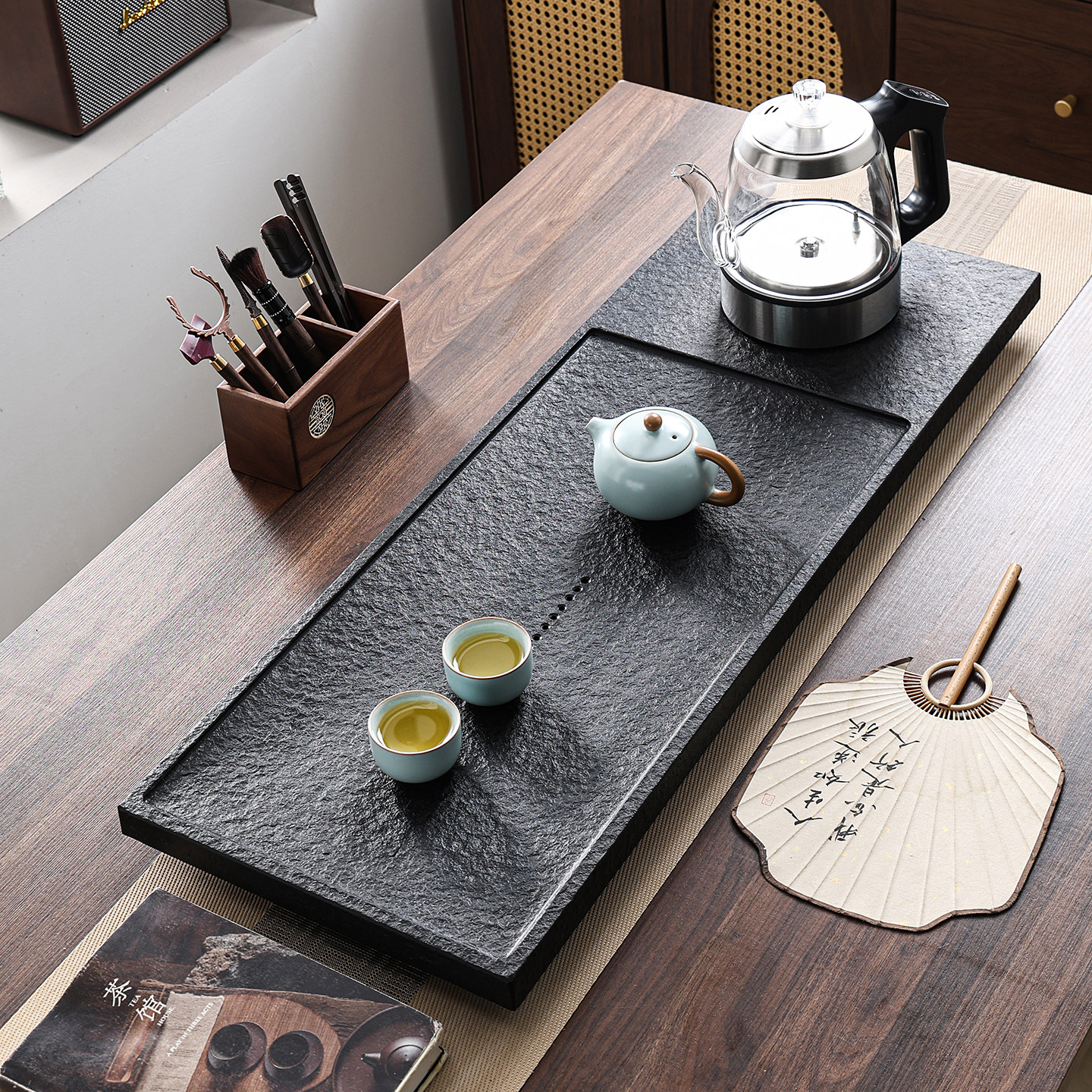 茶具乌金石茶盘套装自动上水茶台烧水壶一体茶托盘带排水茶海家用