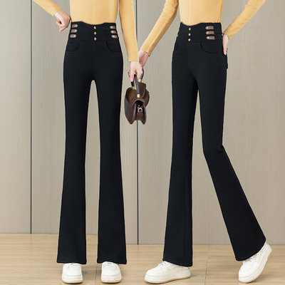 松紧腰微喇牛仔裤女冬季新款大码加绒弹力喇叭裤高腰小个子阔腿裤