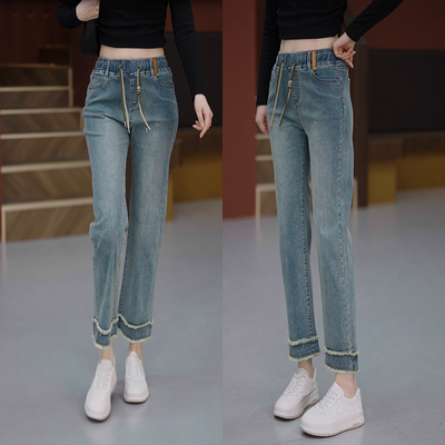 秋季2025新款松紧腰大码直筒牛仔裤女小个子显瘦八分裤高腰九分裤