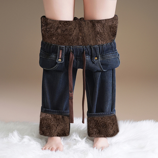 高腰加绒萝卜裤 加厚弹力老爹裤 女松紧腰大码 哈伦特厚羊羔绒牛仔裤
