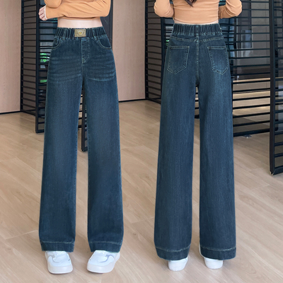 加绒显瘦直筒裤冬季2025新款窄版阔腿裤松紧腰弹力牛仔裤女拖地裤
