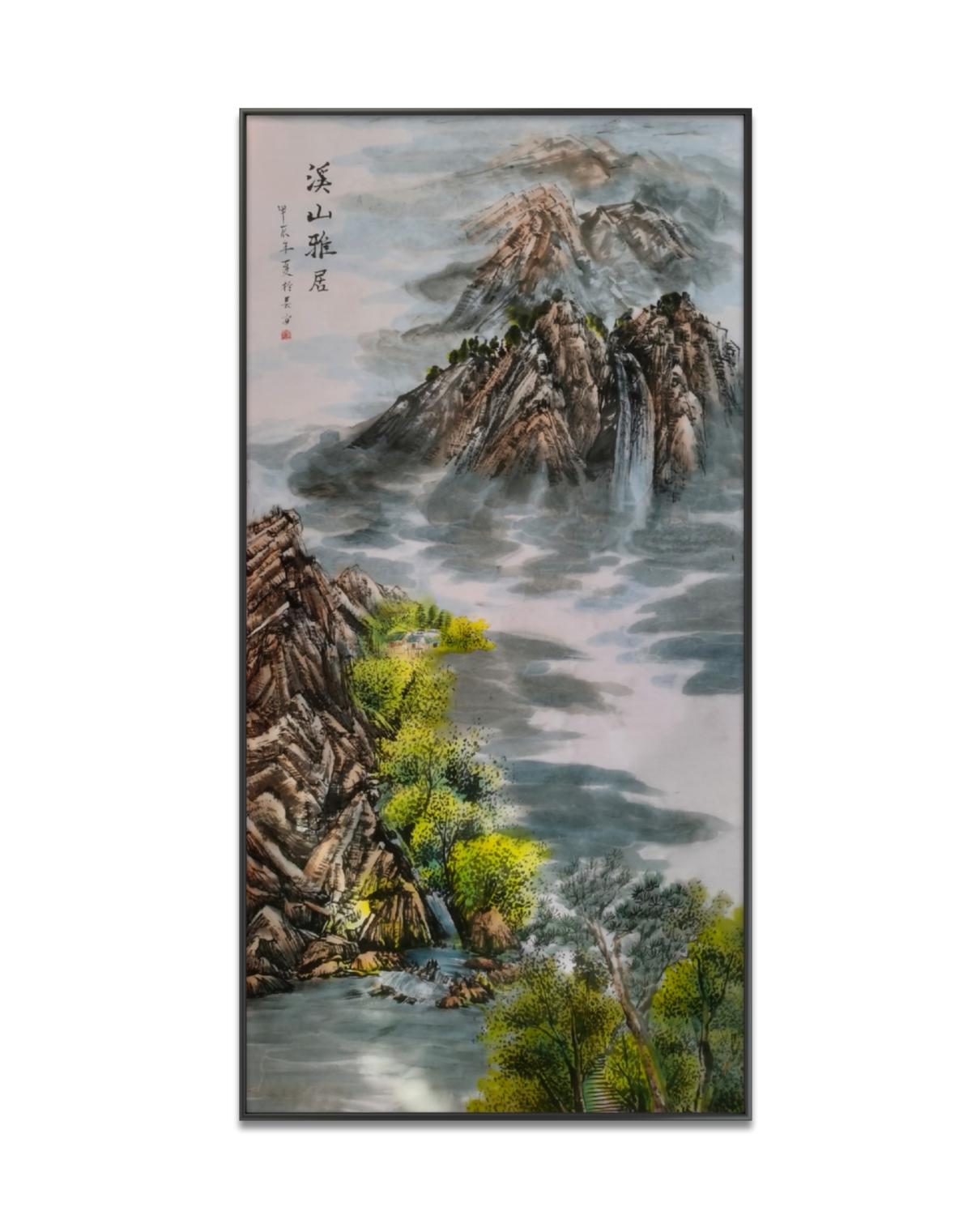 山水画真迹进门玄关装饰画新中式挂画客厅走廊过道手绘现代画芯