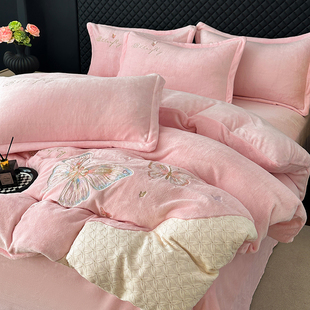 高档牛奶绒四件套A类母婴级绣花冬季珊瑚绒加厚保暖双面绒床单款