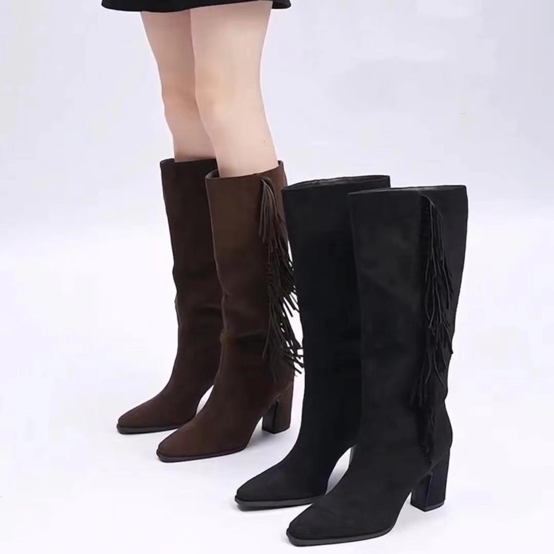 朱朱家高筒长靴女2024新方头粗跟流苏绒面高跟长筒靴冬季26D961-5