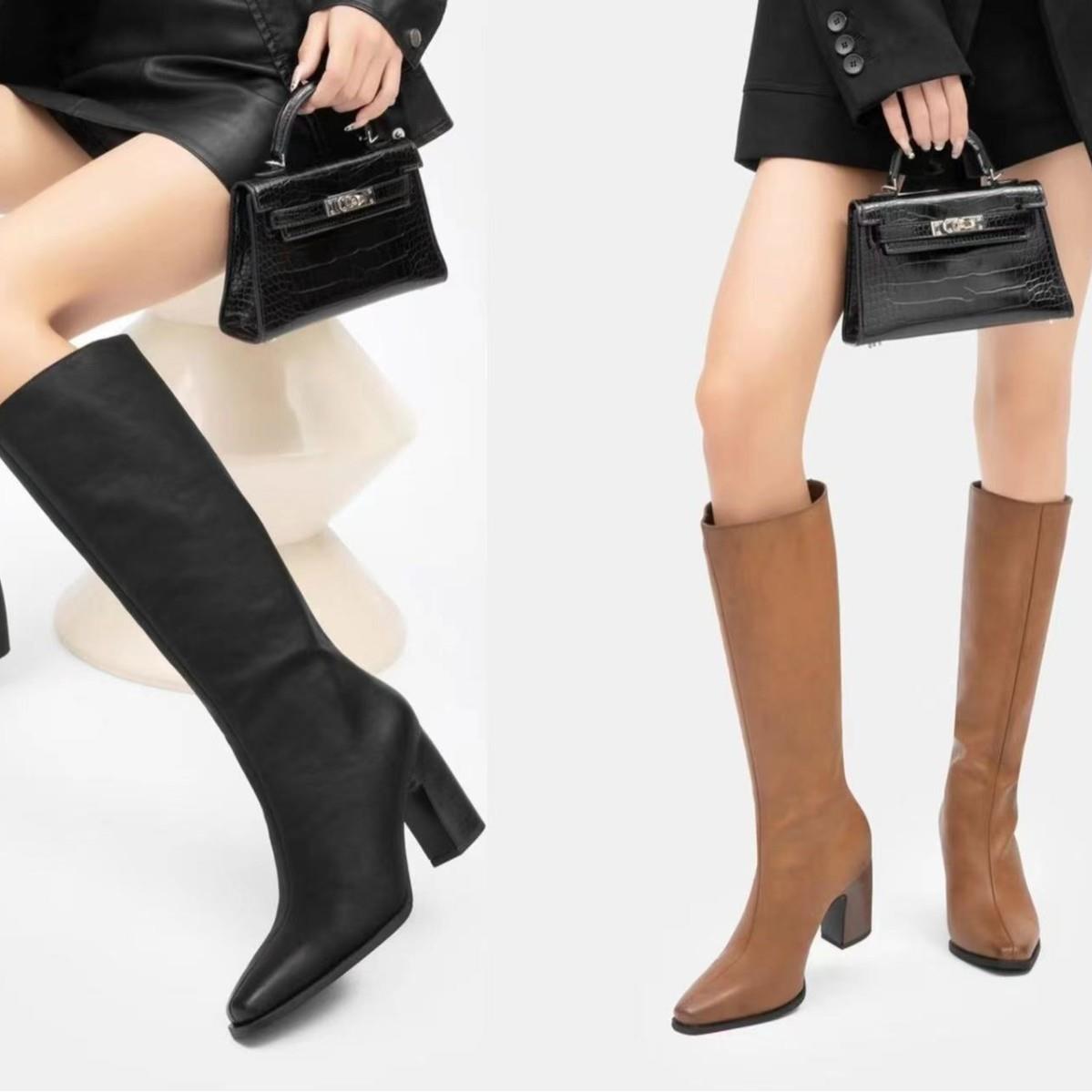 朱朱家2024秋冬棕色长靴女不过膝高粗跟靴小个子显瘦瘦靴26D967-5