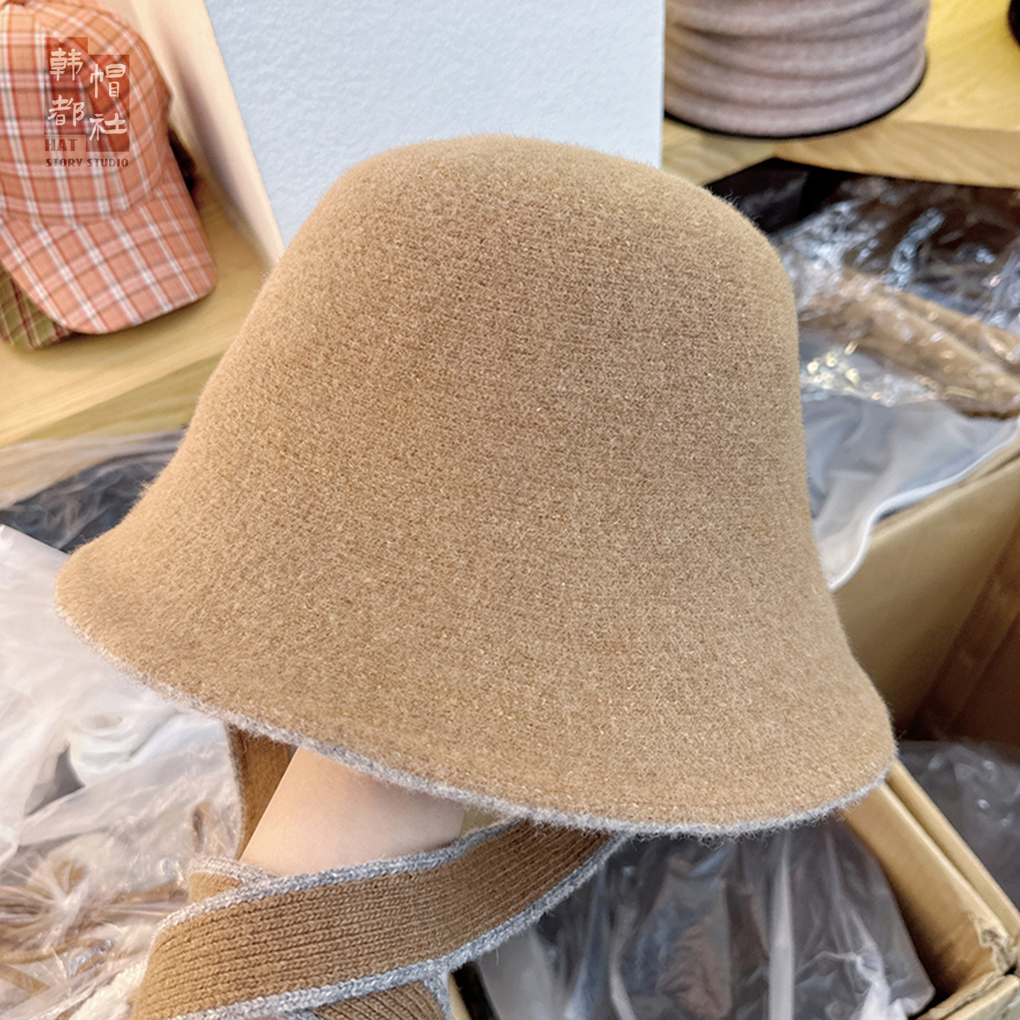 帽子女款2025秋冬季新款绑带毛呢渔夫帽软糯简约休闲大头围水桶帽