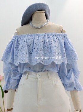 蓝色高级定染蕾丝衫2026夏季法式少女荷叶边花朵一字领娃娃衫上衣