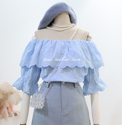 法式少女风荷叶边一字领高级订染蕾丝衫2026夏季少女温柔上衣衬衫