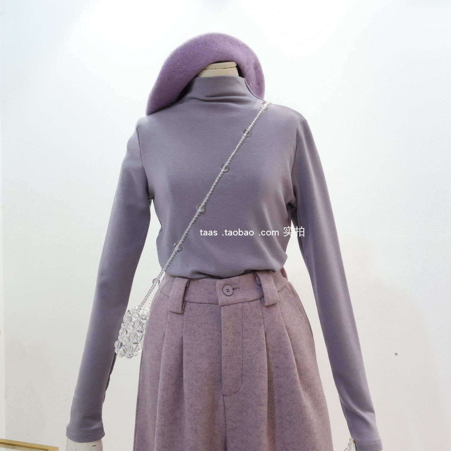 紫色半高领加绒弹性针织衫打底衫