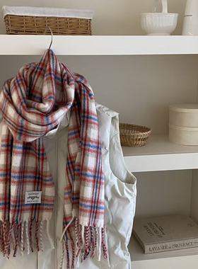 2025新款含羊毛格子围巾冬季保暖氛围感大披肩红色马海毛情侣围脖