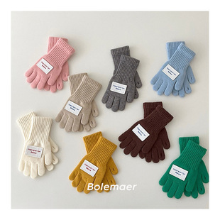 韩国ins儿童手套冬天连指洋气男童女童针织五指手套保暖纯色