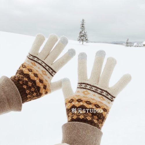 韩系毛线分指提花触屏手套
