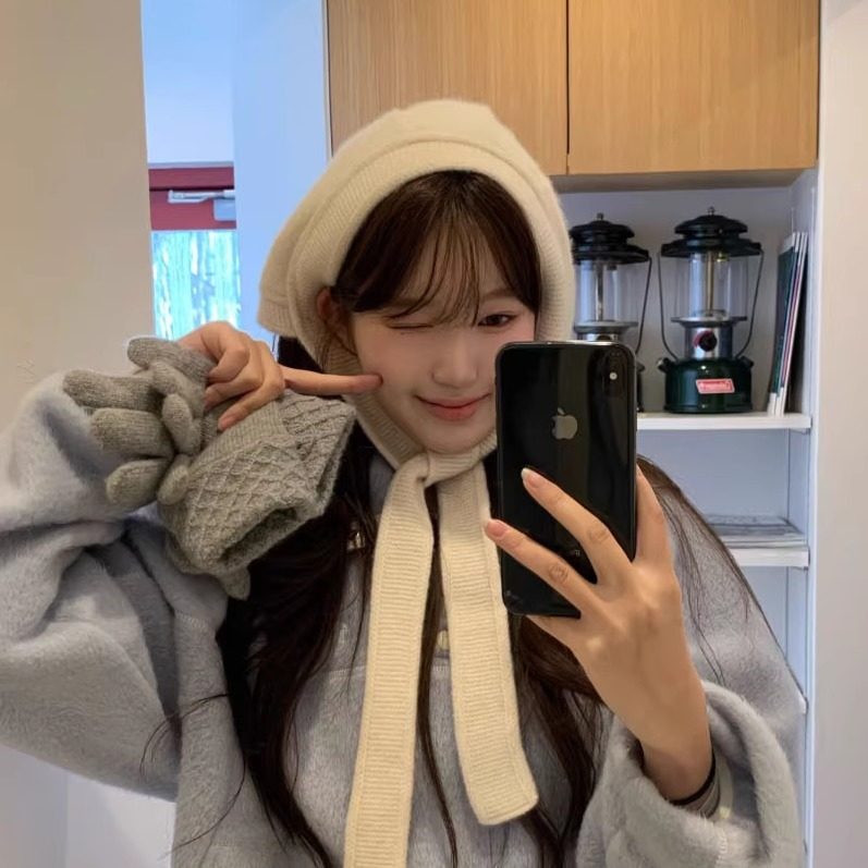 2025冬季新款韩版th*Bar*net简约纯色绑带针织毛线帽戴帽围巾