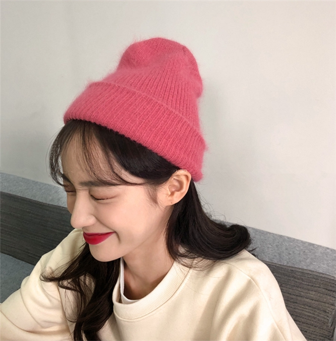 韩国ins可爱小姐姐卷边尖尖兔毛针织毛线帽双层保暖帽子女秋冬