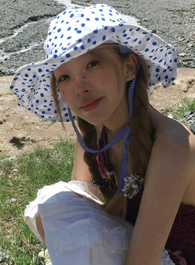 韩系夏天薄款透气蓝色波点大檐渔夫帽休闲百搭系带显脸小防晒盆帽