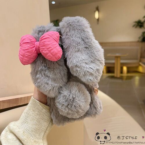 毛绒灰色兔子realme真我GT8/6/5手机壳7tubro秋冬neo2蝴蝶结15x/14/11女q3pro真我c11网红c85pro萌65/c63/c61