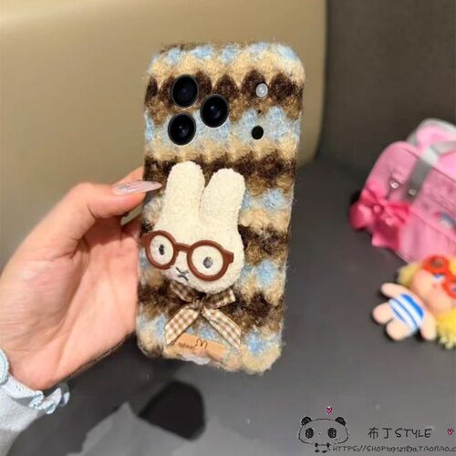 条纹毛绒兔子vivo x300pro手机壳y400秋y500暖x100冬x200mini/s50女s30u/s20/s21萌s19/s18/s17t4x/v40/v29e