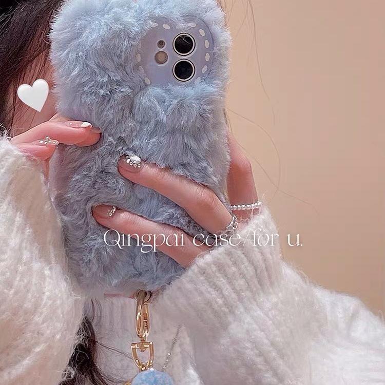 秋冬蓝色毛绒x40i适用华为mate60荣耀100手机壳p70手链nova10se毛球80畅享20plus麦芒11/9v30x100/12畅玩50女