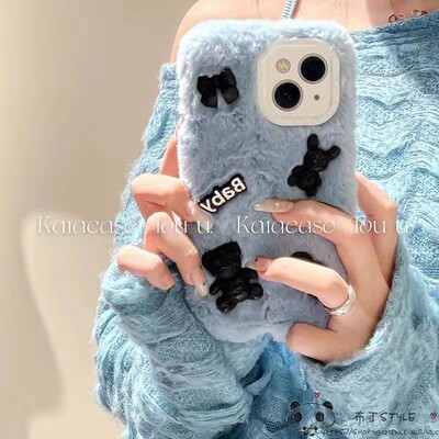 蓝色毛绒s50pro mini秋冬vivo y500手机壳y27s网红y04s/y03t/y56/y36i女y35m/y53t蝴蝶结y21/y78+暖y17s/x90